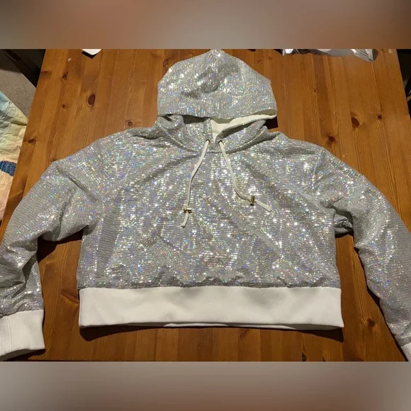 NWOT Peloton x Brittany Allen Silver Sequin Cropped Hoodie - Picture 3 of 5